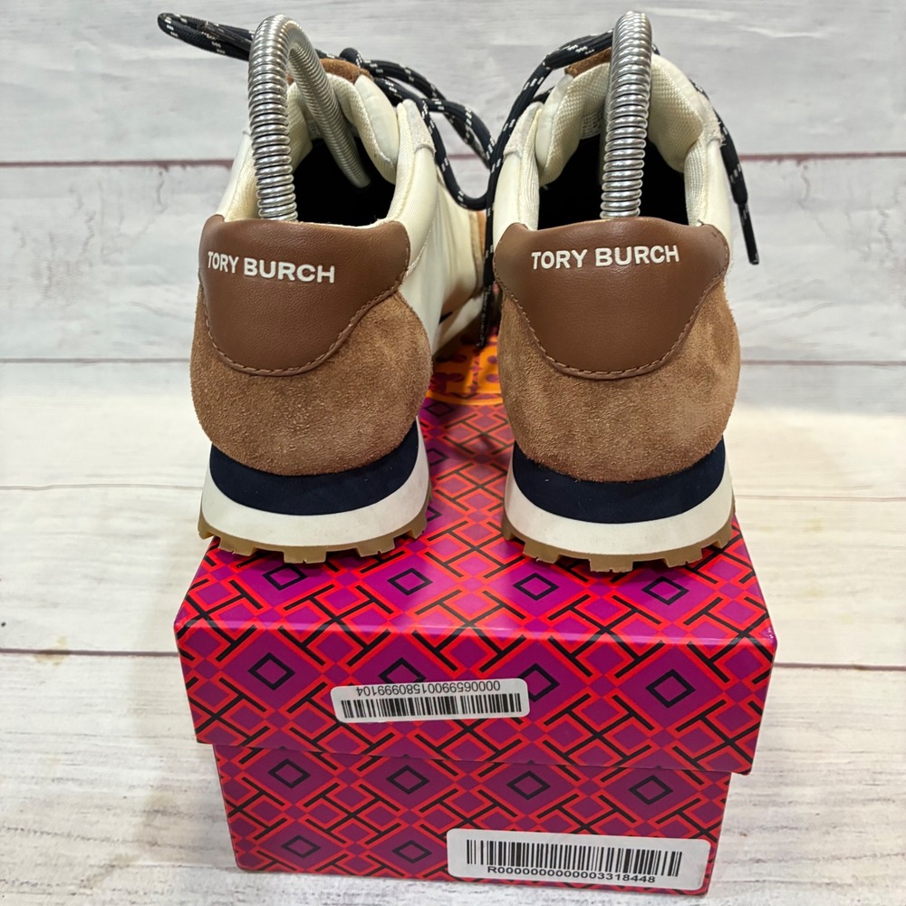 Tory Burch Annie Nylon Runner Sneakers Womens 7.5 Cream Brown Suede Logo - Picture 4 of 8